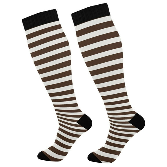 Haosy Compression Socks for Men Women Knee High Running Socks for Nurse Hiking Recovery Travel Athletic 2 Pairs Dark Brown and White Striped