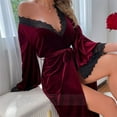 thumbnail image 2 of Sexy Burgundy Velvet Long Robe Kimono Bathrobe Gown Autumn Winter Women Sleepwear Lace Trim Nightgown Loose Homewear Lounge Wear (Burgundy Long Robe,M), 2 of 7