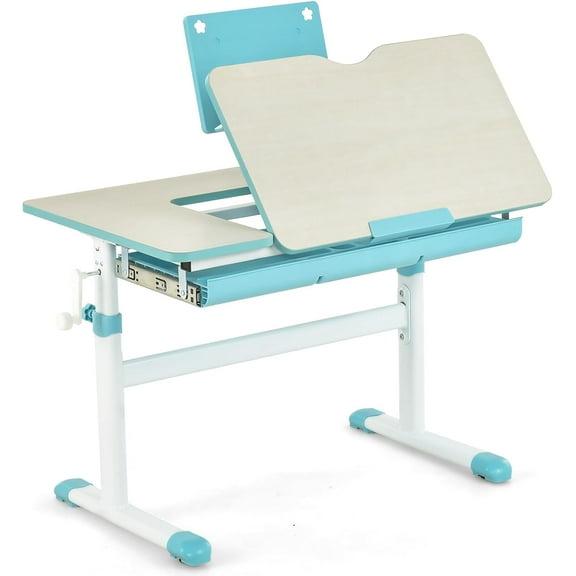 Kids Desk, Ergonomic Height-Adjustable Children Study Table w/Tiltable Desktop & Book Stand, Pull-Out Storage Drawer & Scale Ruler, Student Workstation for Writing, Drawing, Reading (Blue)