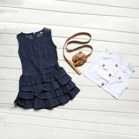 

Summer Kids Clothing Baby Girl Dresses Navy Style Retro Denim Dress Sleeveless Skirt + Jacket + Belt Three-piece Set