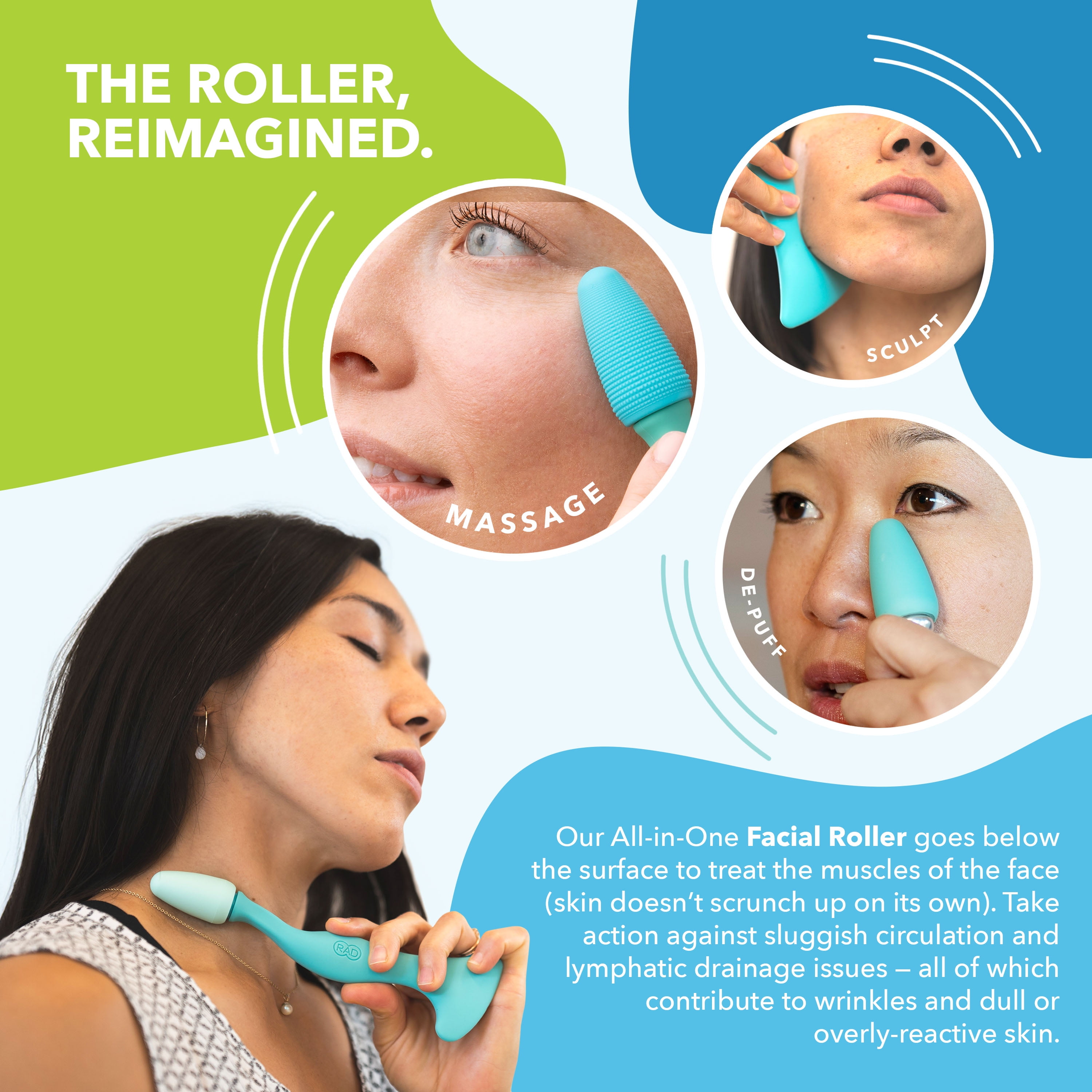 RAD Facial Roller - 2-in-1 Jade Roller & Gua Sha Style Tool, Silicone Handle, skin Care, Rolling & Scraping Massage Therapy