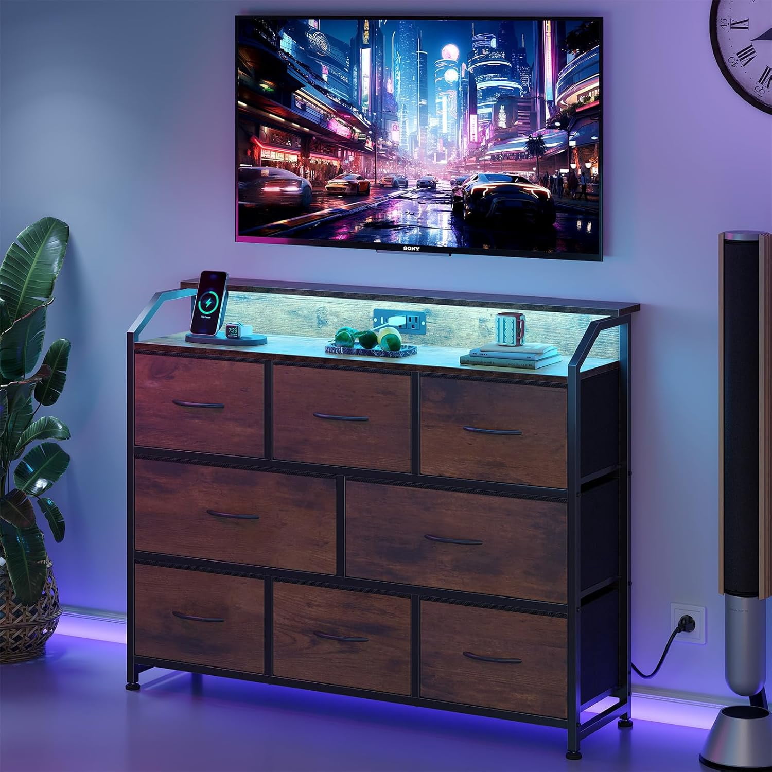 Betcozy 9 Drawer TV Stand with LED Lights & Power Outlet, 35" Tall Dresser for Bedroom & Living Room, Entertainment Center with Charging Station, 1.5mm Heavy-Duty Frame Storage Tower, Brown