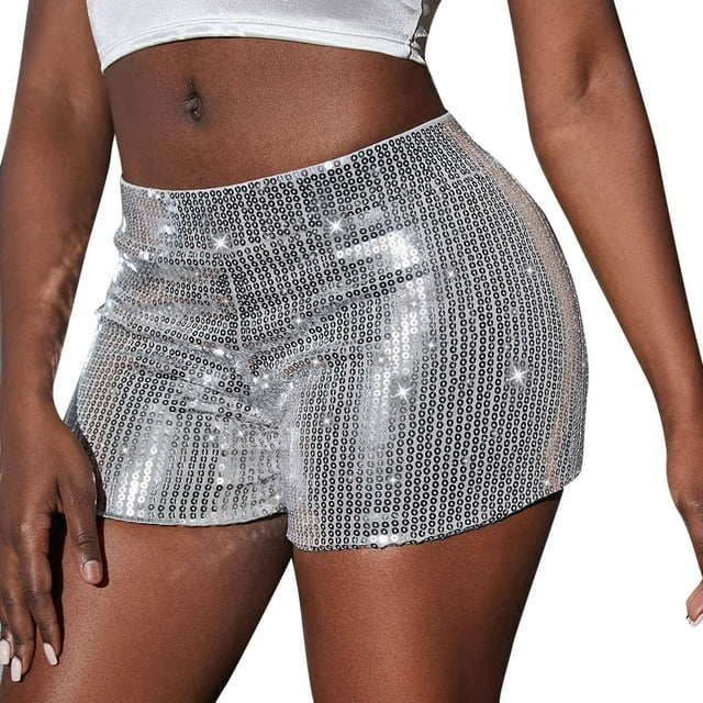 Pantalones cortos de lentejuelas de cintura alta para mujer: pantalones elásticos con cordón para fiestas y uso informal