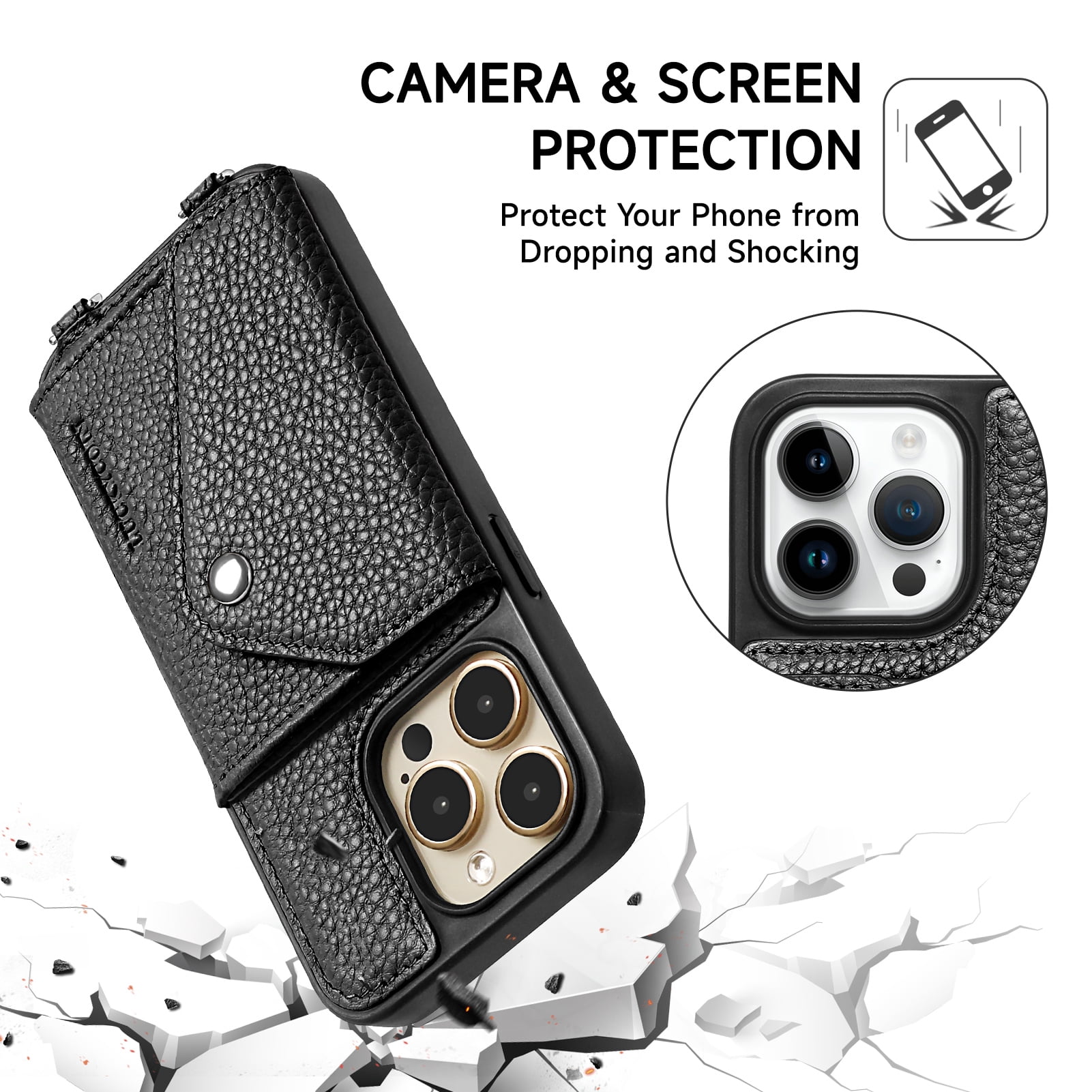 Handmade Genuine Leather Crossbody Wallet Phone Case for Apple iPhone 15 Pro 6.1-Inch,with Strap and Flip Wallet Card Holder,Shockproof Durable Scratch Protective