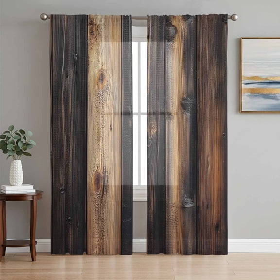 Vintage Wooden Sheer Curtains 84 Inch Length 2 Panels Set, Brown Modernism Retro Farmhouse Voile Window Treatment Rod Pocket Curtains Sheers Drapes for Bedroom/Living Room/Kitchen 52"x84"x2