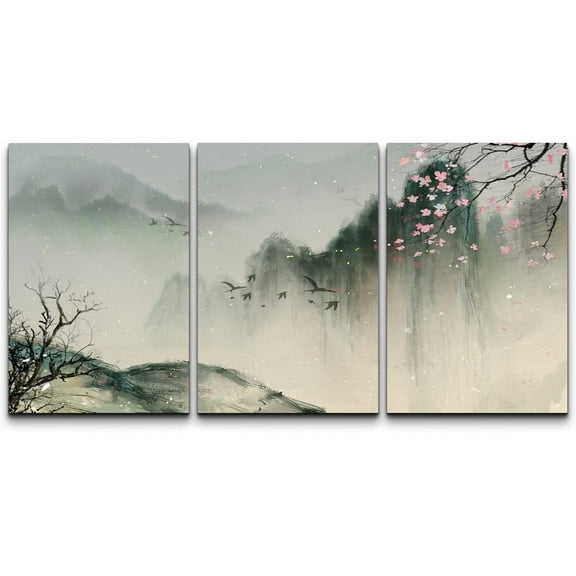 wall26 Canvas Print Wall Art Set Cherry Blossoms Over Chinese Landscape Nature Wilderness Illustrations Modern Art Cultural Scenic Relax/Calm for Living Room, Bedroom, Office - 16"x24"x3 Pa