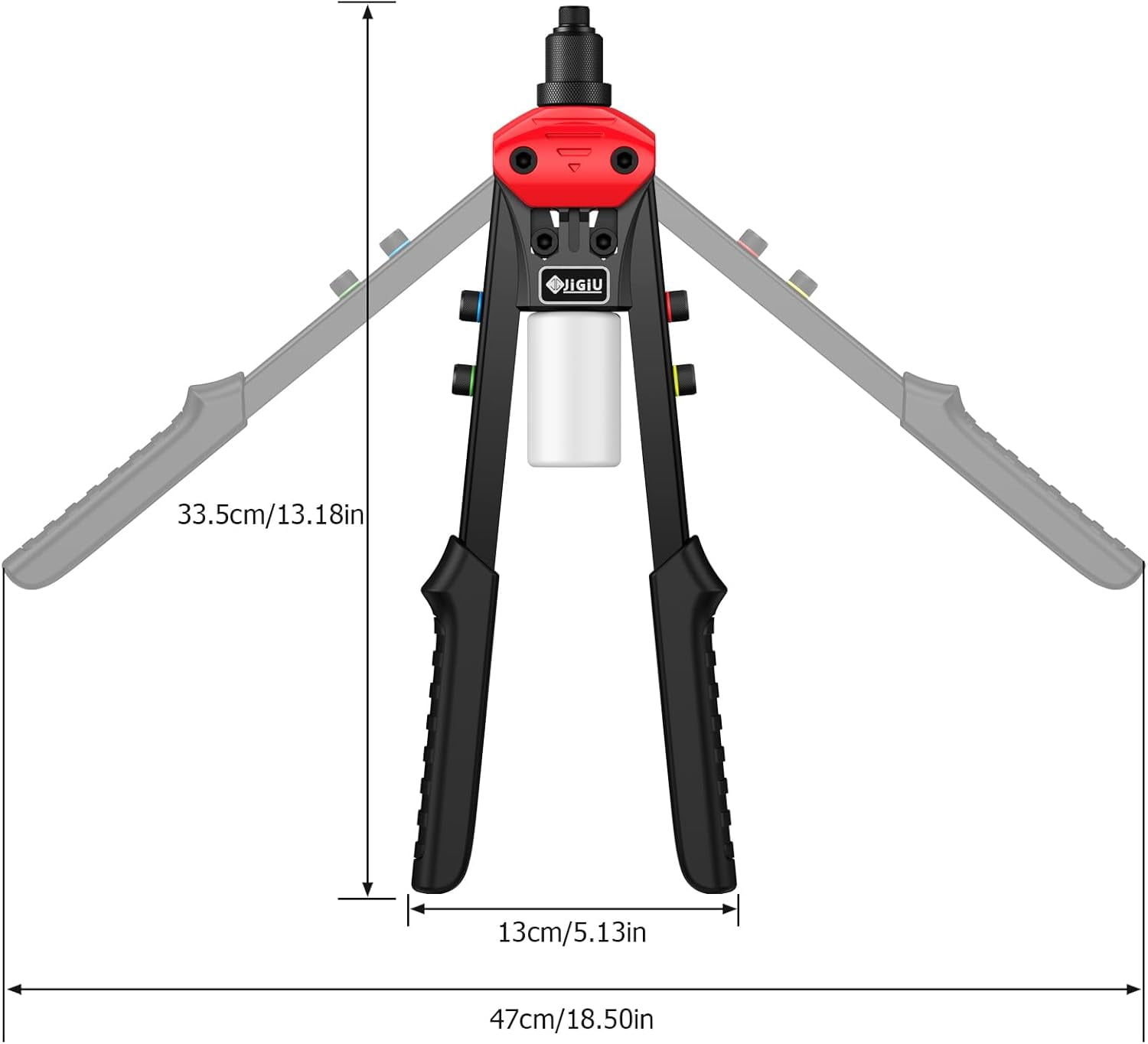 JiGiU 13.3" Heavy Duty Manual Rivet Gun - Professional Pop Rivet Tool with 5 Interchangeable Nozzles (2.4mm/3.2mm/4.0mm/4.8mm/6.4mm) & 200 Rivets for Metal Furniture, Car, Trailer