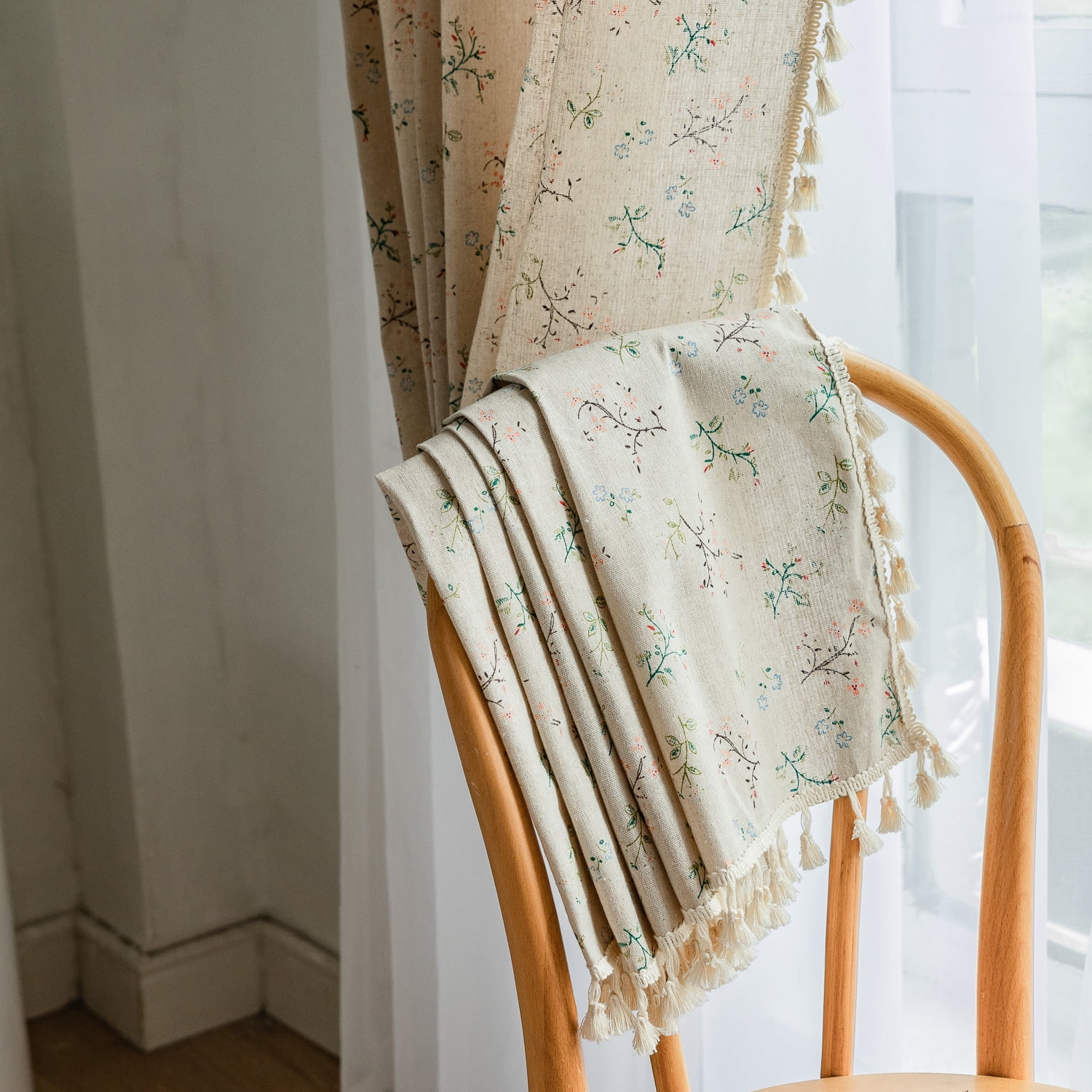 NIUBIER Semi-Blackout Linen Curtains, Floral Pattern, Rod Pocket with Tassels, 52x84 Inches, for Bedroom/Living Room