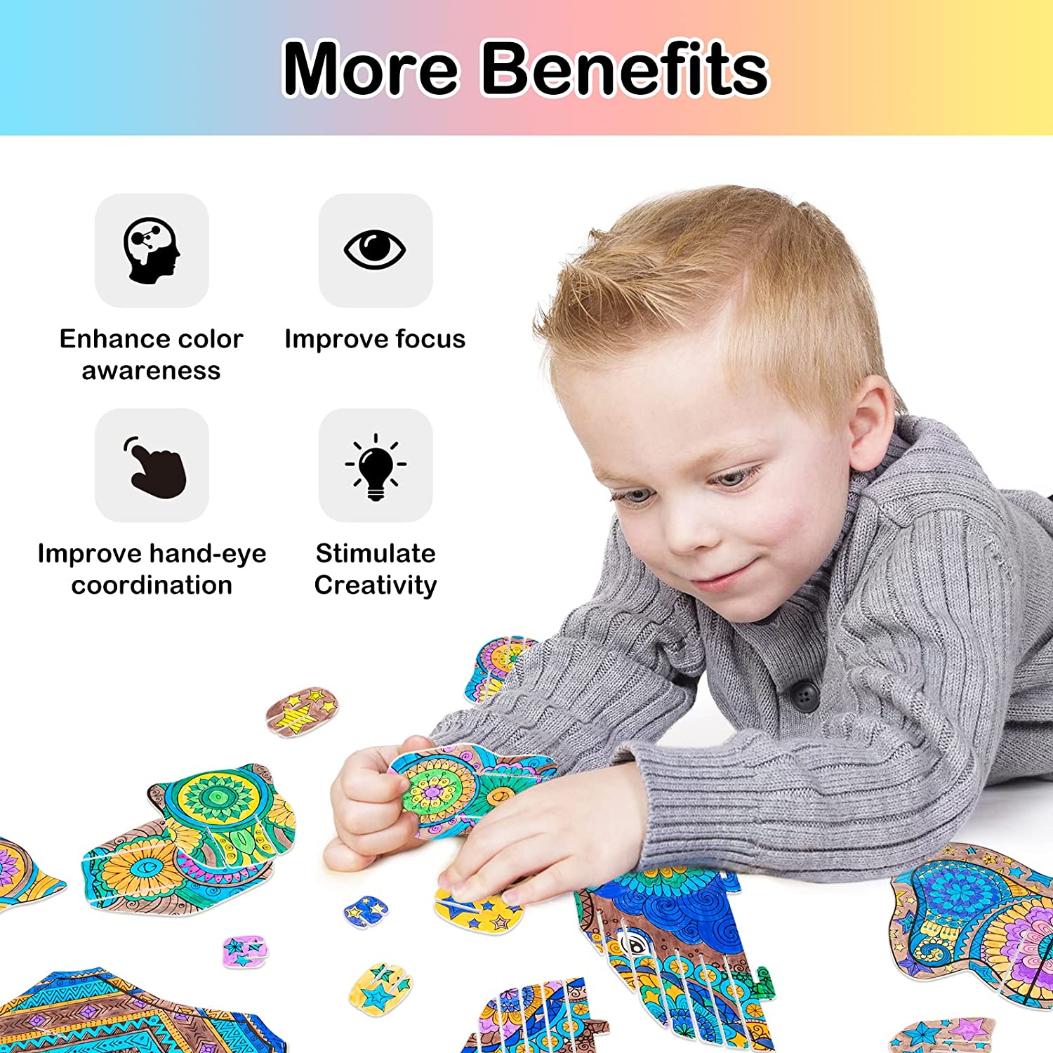  KAZOKU 3D Coloring Puzzle Set,4 Animals Puzzles with 12 Pen  Markers, Art Coloring Painting 3D Puzzle for Kids Age 7 8 9 10 11 12. Fun  Creative DIY Toys Gift for