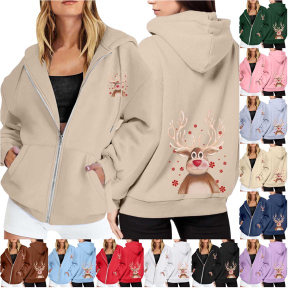 Tanghaowl Sweatshirts for Women Loose Fit Ladies Christmas Printed Zipper Long Sleeved Pocket Drawstring Casual Hooded Sweatshirt with Cozy Fit Khaki M