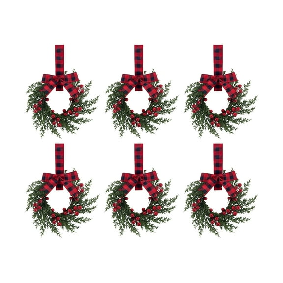 6Pcs Mini Christmas Wreaths for Cabinets, Small Wreaths for Kitchen Cabinet with Buffalo Plaid Bow Ribbon Cedar Artificial Red Berries for Xmas Window Door Window Fireplace Table Farmhouse Decor