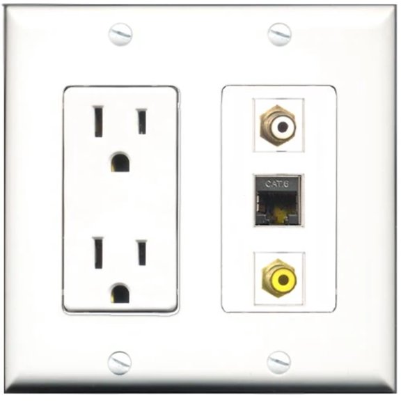 RiteAV - 15 Amp Power Outlet 1 Port RCA White 1 Port RCA Yellow 1 Port Shielded Cat6 Ethernet Ethernet Decorative Wall Plate