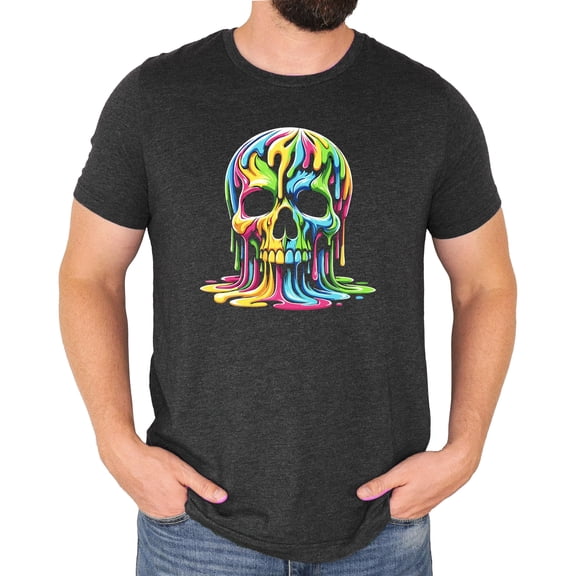 Colorful Neon Melting Skull Shirt for Men Vibrant Dripping Skeleton Adult Graphic Tee Dark Gray Heather Shirt Adult 2XL