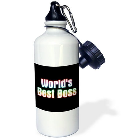 3dRose White rainbow glowing text Worlds Best Boss on black background, Sports Water Bottle,
