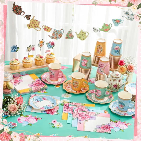 322 Pcs Floral Paper Tea Party Supplies Set with Cups Plates Napkins Cupcake Toppers Banner Tablecloth for Birthday Wedding  Shower
