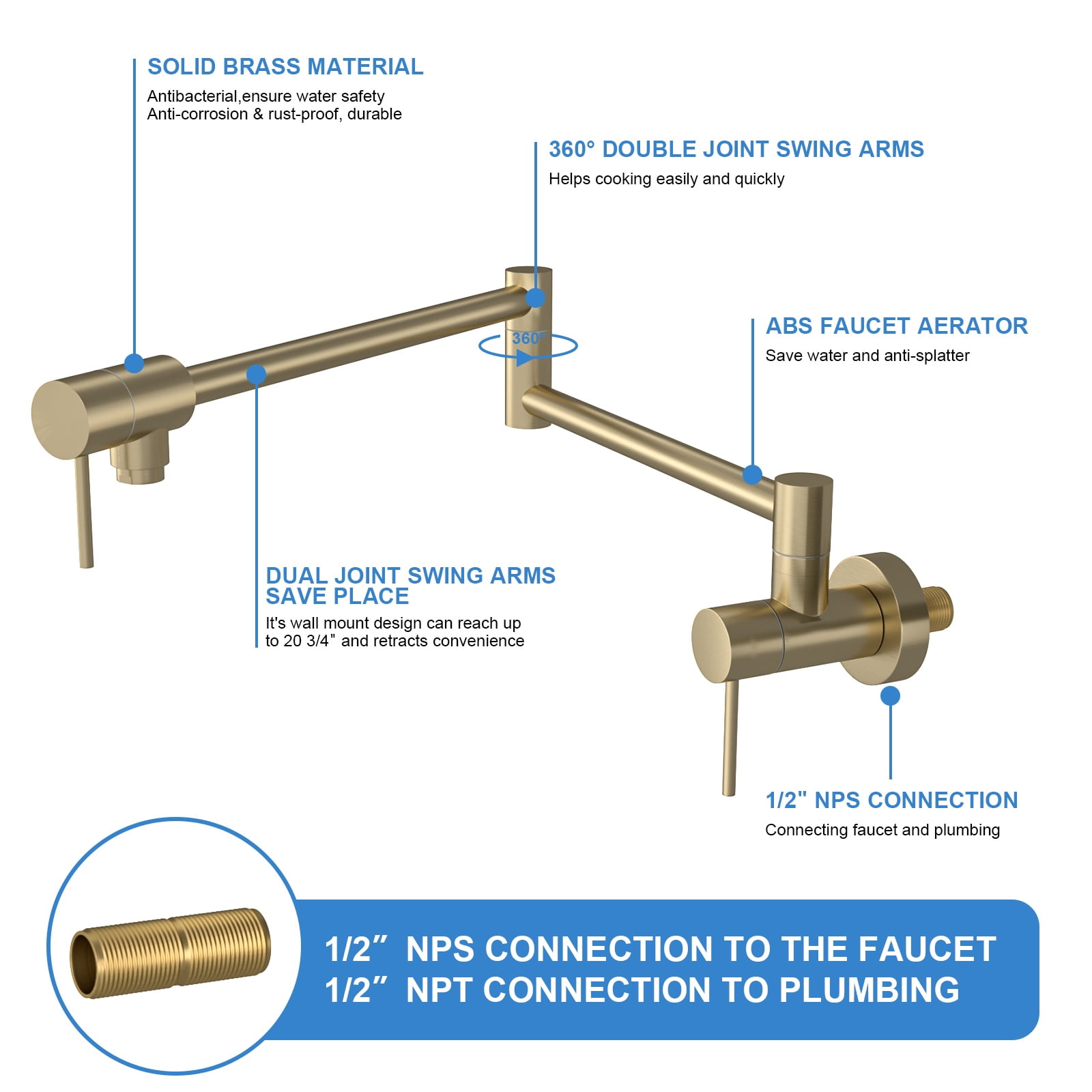 Pot Filler Faucet Wall Mount Gold, 20" L Stainless Steel Folding Kitchen Faucet with Double Joint Swing Arm, Commercial Pot Filler with 360° Swivel Spout & ABS Aerator