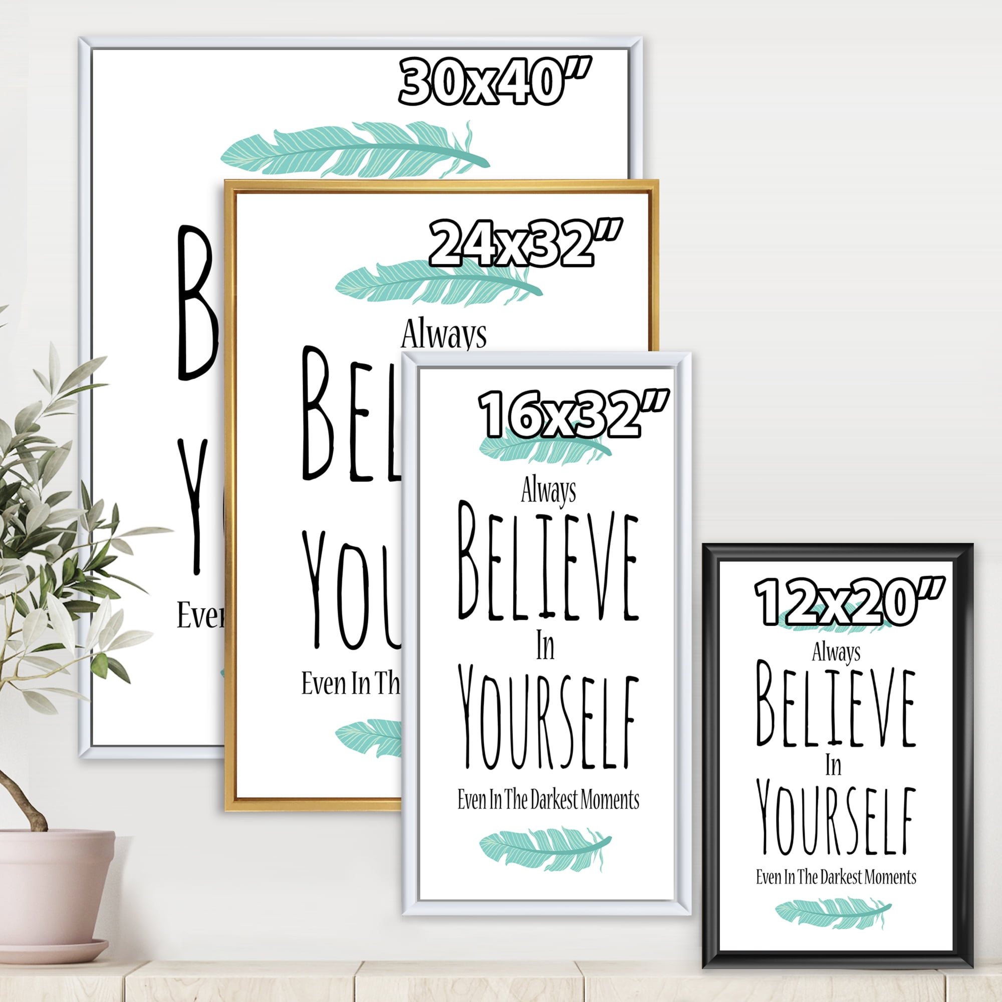 Designart 'Believe In Yourself Quote On White' Traditional Framed Canvas Wall Art Print