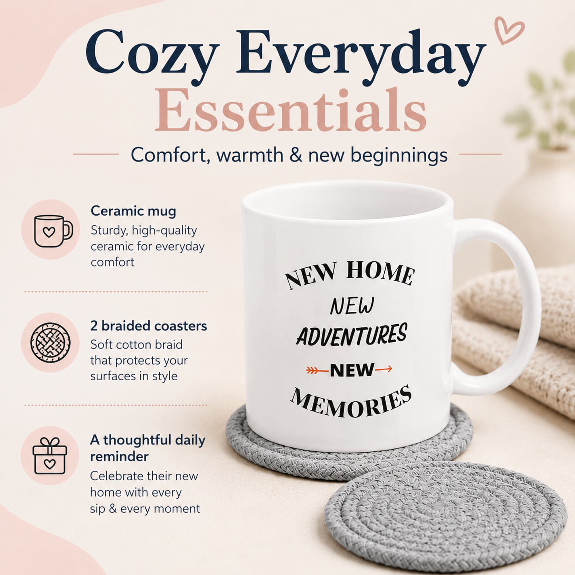 Housewarming Gift Set for New Home, 8-Piece New Home Gift Box with Ceramic Mug, Coasters, Bottle Opener, Keychain, Cleaning Cloth, Tabletop Sign and Greeting Card