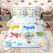 Homewish Cartoon Airplane 7 Pieces Bedding Comforter Set,Colorful Hot Air Balloon Full Bedding Set,Aircraft Theme Fitted Sheet Flat Sheet For Boys Kids,Super Cozy Room Decor Reversible