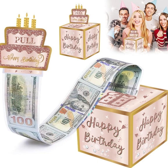 Birthday Money Box for Cash Gift Pull, Surprise Gift Boxes for Money, Money Holder Box with Pull Out Happy Birthday Card and 50Pcs Transparent Bags, Money Gift Ideas for Kids and Adults