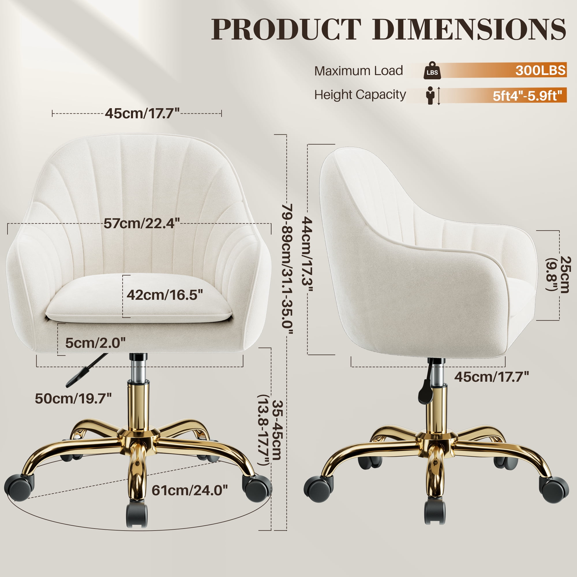 COOLHUT Office Desk Chair with Padded, Velvet Vanity Chair with Back and Wheels, Comfy Home Office Chiar with Gold Legs, Height Adjustable, Rolling Chair for Vanity Room, Makeup Room, Bedroom, Beige