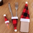 thumbnail image 2 of HEVIRGO 6 Pcs/Set Christmas Tableware Hat Plush Ball Plaid Print Contrast Color Triangle Shape Reusable Decorate Mini Size Party Supply Christmas Cutlery Hat Set for New Year, 2 of 10