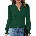 thumbnail image 2 of Blusa con volantes, manga abullonada, cuello en V, manga larga, color puro, tops de moda para mujer, 2 of 5