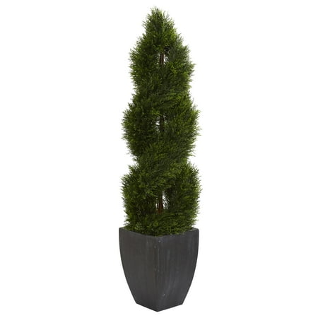 Cypress Topiary Tree - Nearly Natural 5 ft. Double Pond Cypress Spiral Topiary Artificial Tree in Black Wash Planter UV Resistant (Indoor/Outdoor)