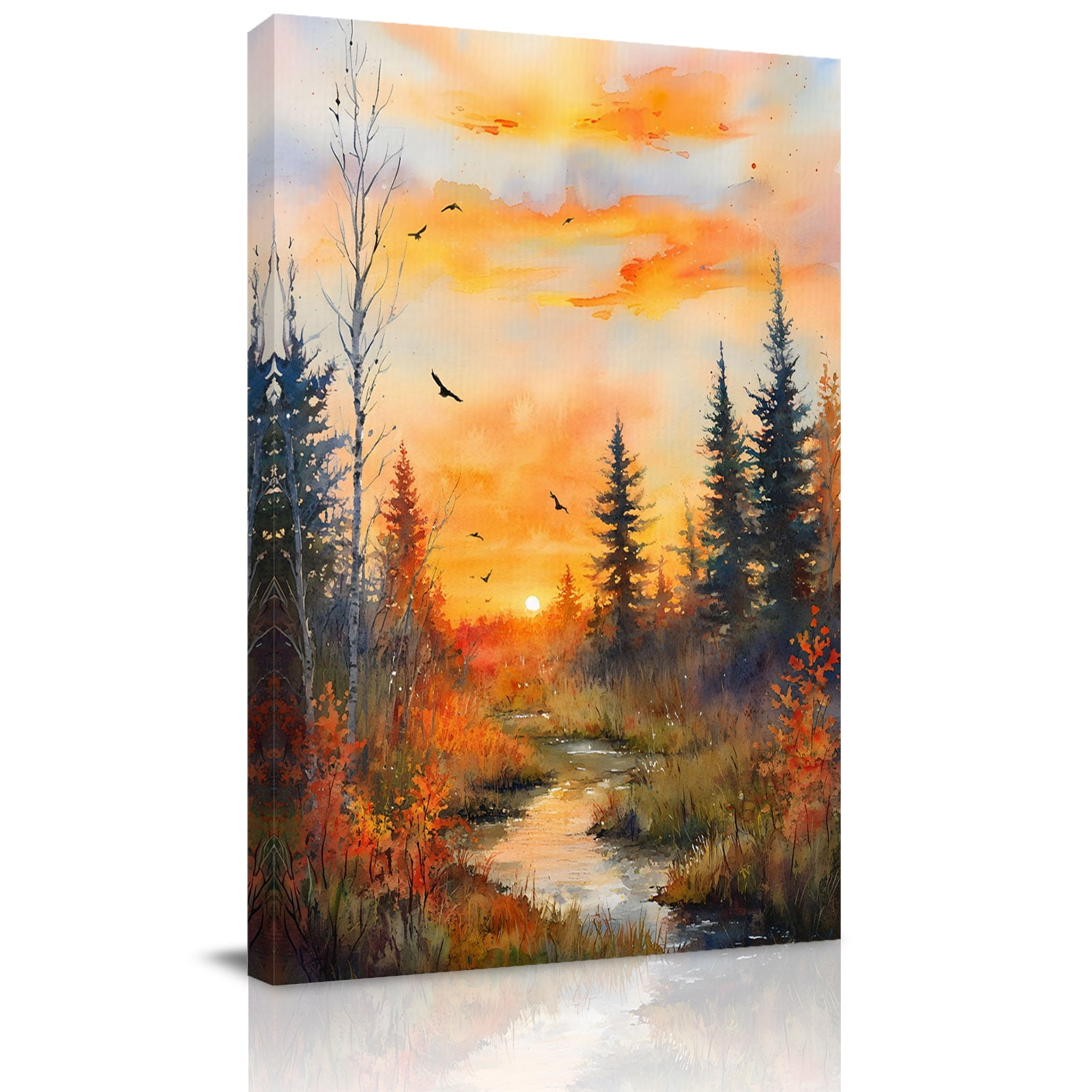 Canvas Wall Art Forest Sunset Framed Canvas Prints for Bathroom Hallway Farmhouse Orange Sky Nature Scenery Small Gallery Wrapped Wall Decor for Home Office Gifts 8 x10 Ship Next Day