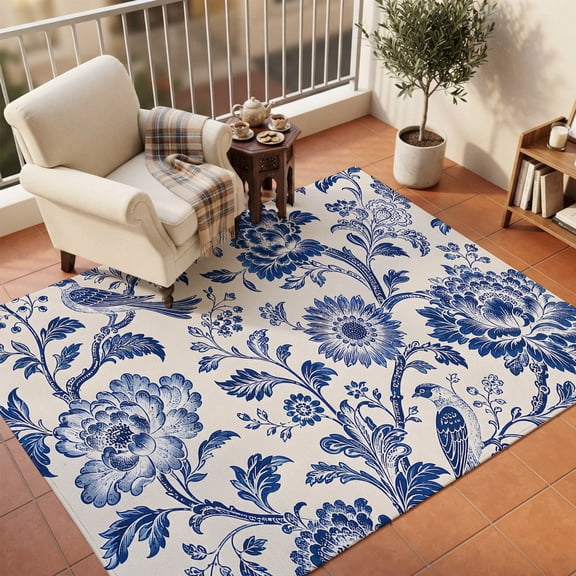 Area Rugs 5'x7', Vintage Floral Carpet Runner Indoor Outdoor Rugs Home Decor Aesthetic, Blue Flowers Rustic Birds Pastoral Plants Non Slip Mats Washable Accent Rug for Living Room Bedroom
