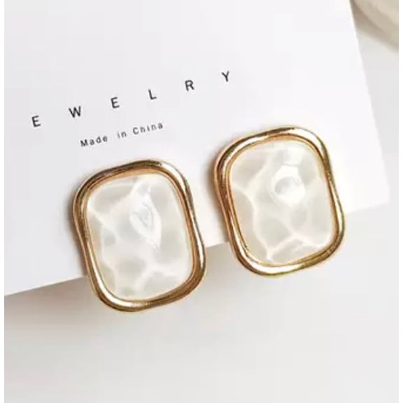 Clip on 3/4" gold and blue or white hammered stone square earrings