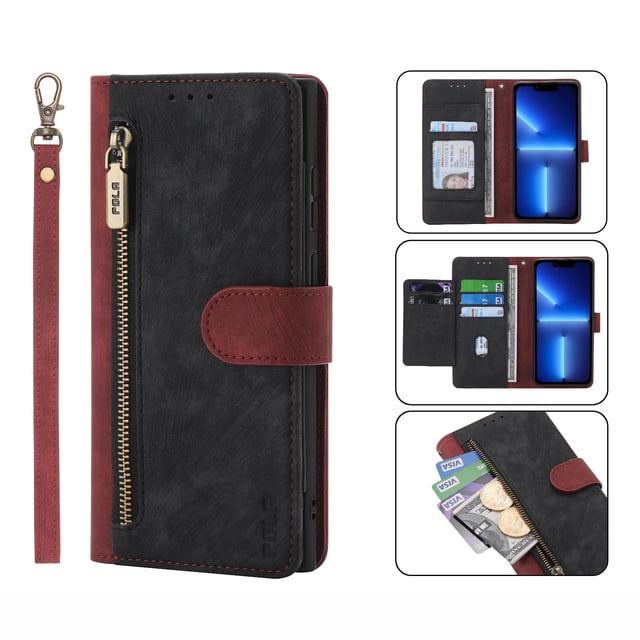 Luxury Flip Wallet Case for Google Pixel 7 Pro, PU Leather RFID Blocking Card Slots Zipper Pocket Magnetic Closure Kickstand Lanyard Shockproof Protective Case,Red