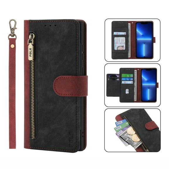 ELEHOLD Luxury Flip Wallet Case for Google Pixel 7 Pro, PU Leather RFID Blocking Card Slots Zipper Pocket Magnetic Closure Kickstand Lanyard Shockproof Protective Case,Red