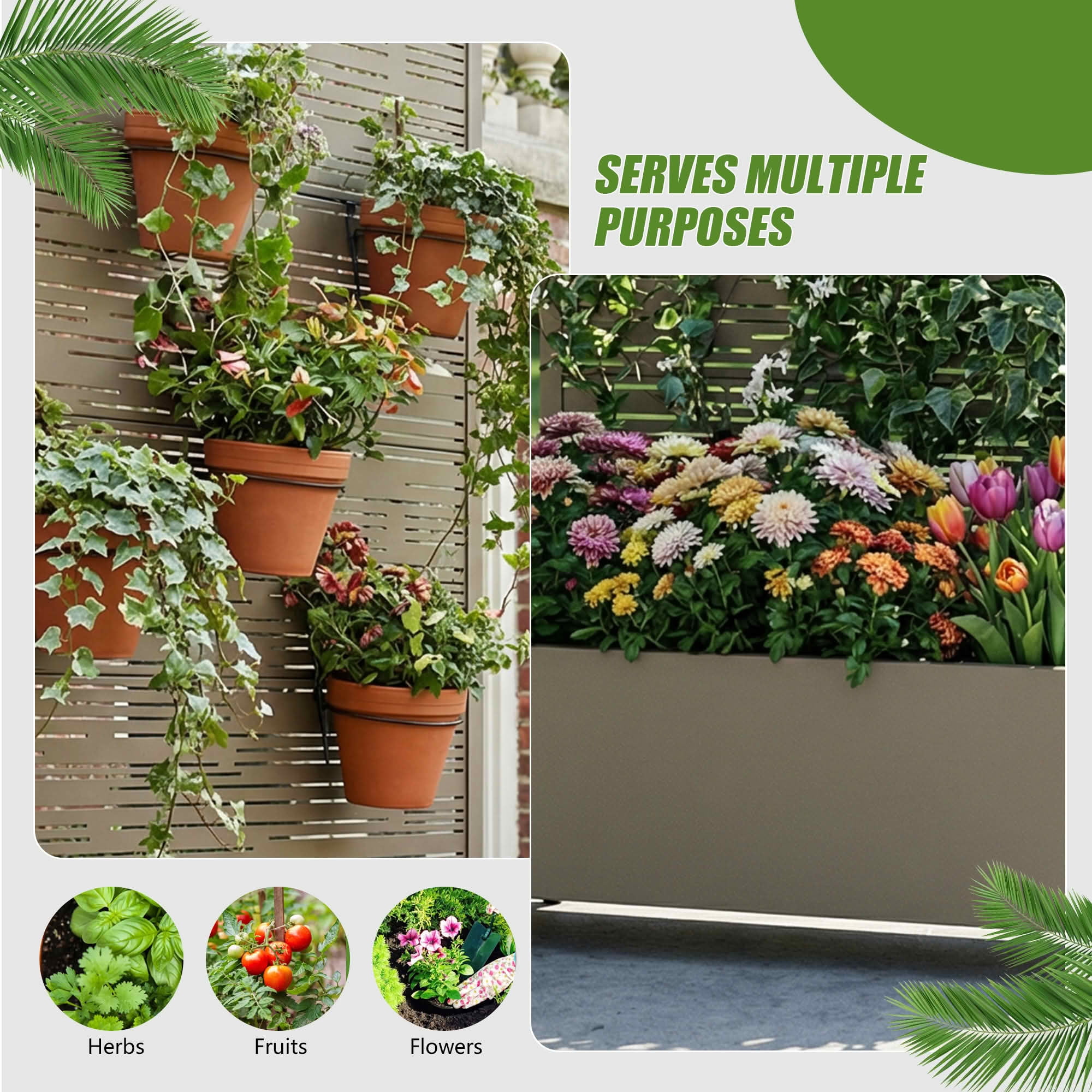 MAYEERTY 72X35" Metal Outdoor Olive Gray Privacy Screen with Planter Box for Backyard & Garden, 5 Piece Set