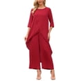 thumbnail image 2 of Women's 2 Piece Chiffon Sets Summer Dressy Pantsuits High Low Top Pants Set Formal Wedding Guest Outfit S Dark Red, 2 of 6