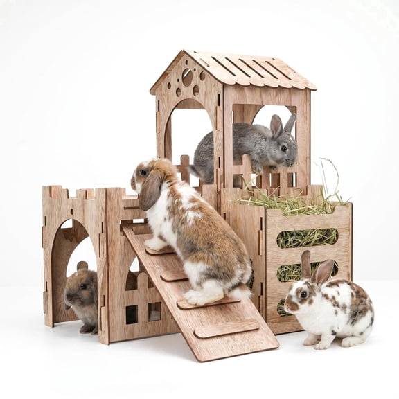 HIIMALEX Extra Large Bunny Castle Indoor Rabbit Hideout with Anti-Slip Ramp, Hay Rack Rabbit Enclosure for Rabbit Guinea Pig Rat Hamster Chinchilla Hedgehog Ferret Small Animals Habitats Enrichment