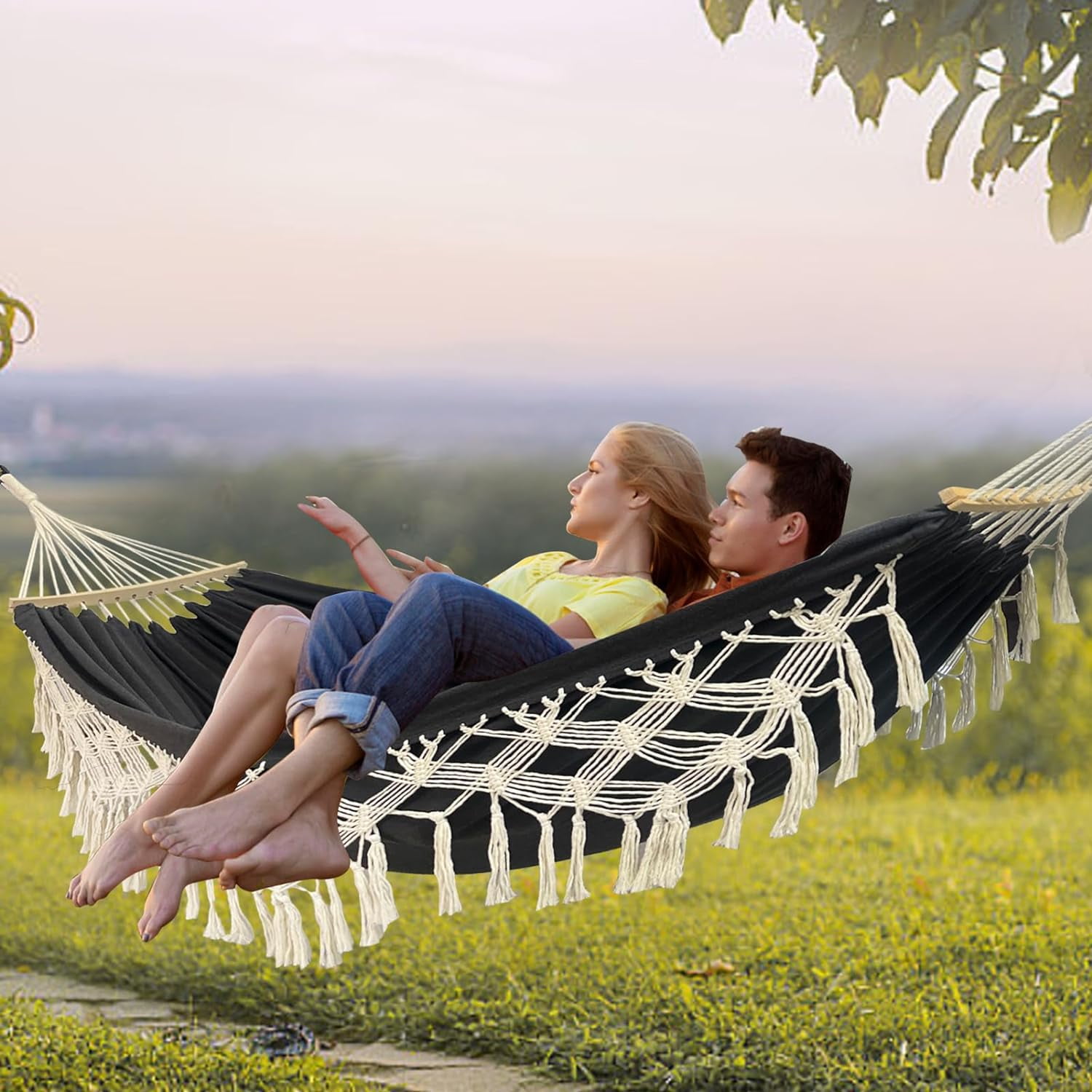 Wnngxing Macrame Fringe Double 2-Person Hanging Swing Hammock, Black