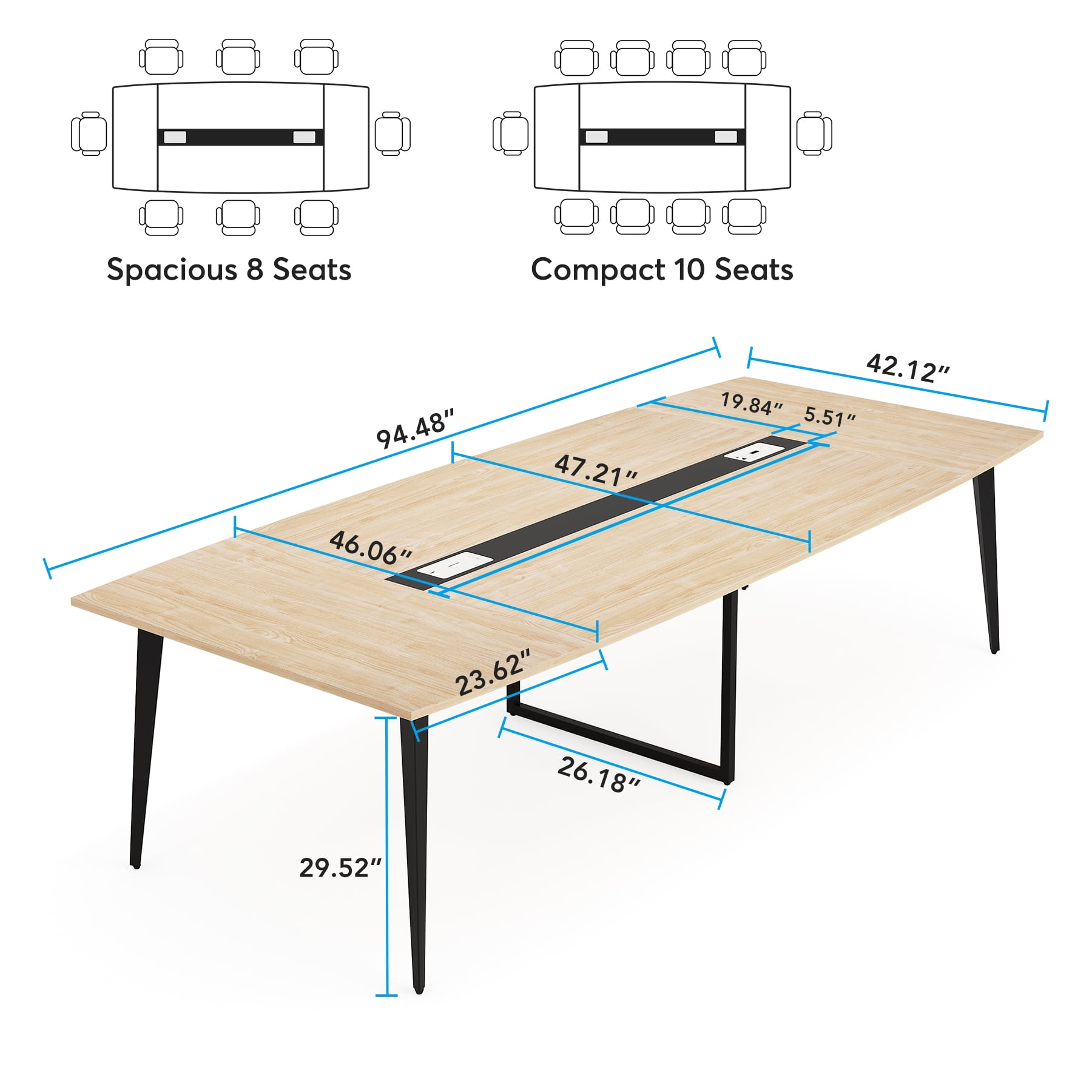 Tribesigns 8ft Boat-Shaped Conference Table - 94.48"L x 47.21"W Modern Boardroom Table with Cable Management, Light Wood Grain Office Meeting Table
