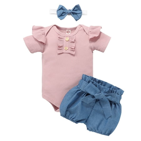 

QWERTYU Newborn Infant Baby Toddler Girl Boy Outfit Summer Ruffle Short Sleeve Clothing Set Button Bodysuit and Bow Denim Shorts Set with Headband Pink