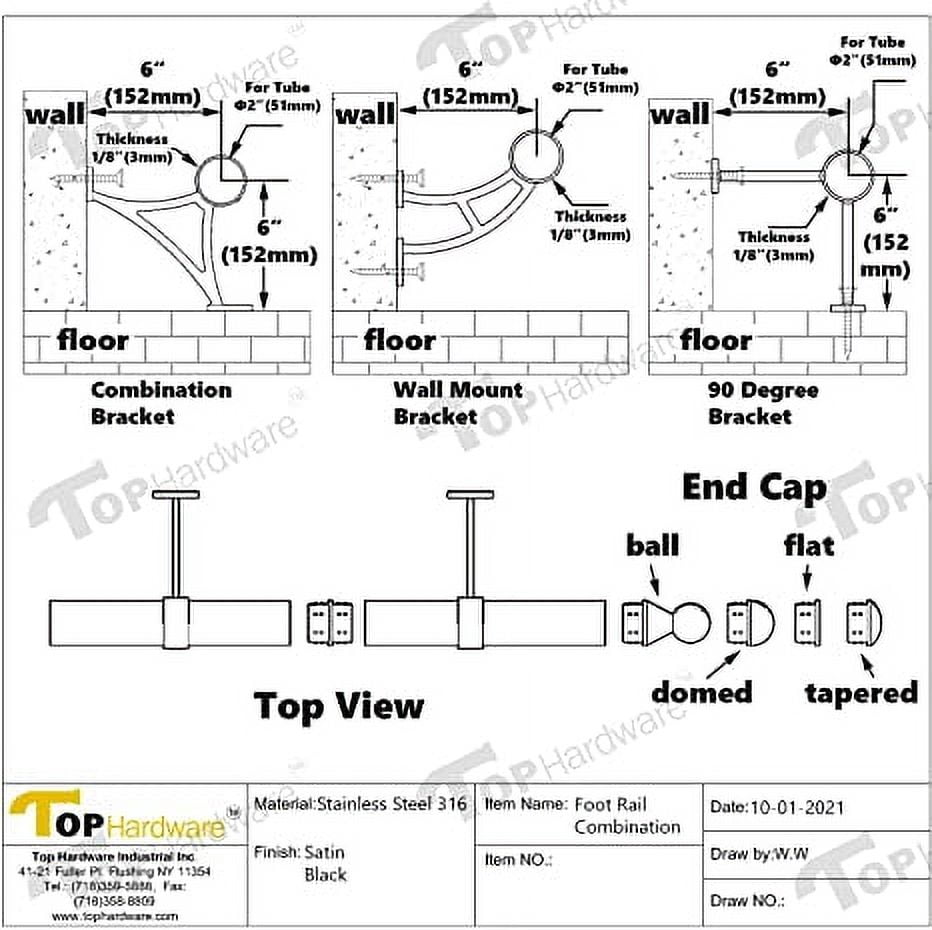 Solid Bar Mount Foot Rail Kit, Matt Black Stainless Steel Tubing w/Internal Connector, Combination Foot Rail Brackets, Tapered End Cap, 5 ft = 60 in x 1