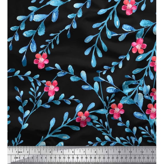 Soimoi Black Cotton Duck Fabric Leaves,Owl & Pink Floral Printed Fabric 1 Yard 42 Inch Wide