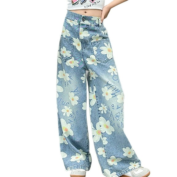 Kids Girls Jeans Distressed Elastic Waist Baggy Denim Wide Leg Pants Trousers Stylish Dailywear 5-6 Years