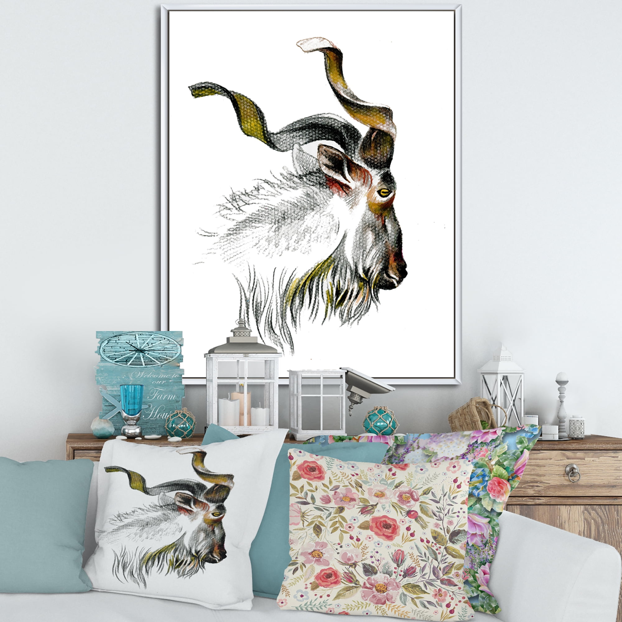 Black and White Portrait Of Goat II 30 in x 40 in Framed Painting Canvas Art Print, by Designart