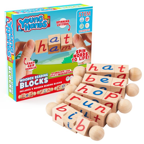 Wooden Reading Blocks 5 Sets of Fun, Educational Spinning Alphabet Manipulative Blocks for