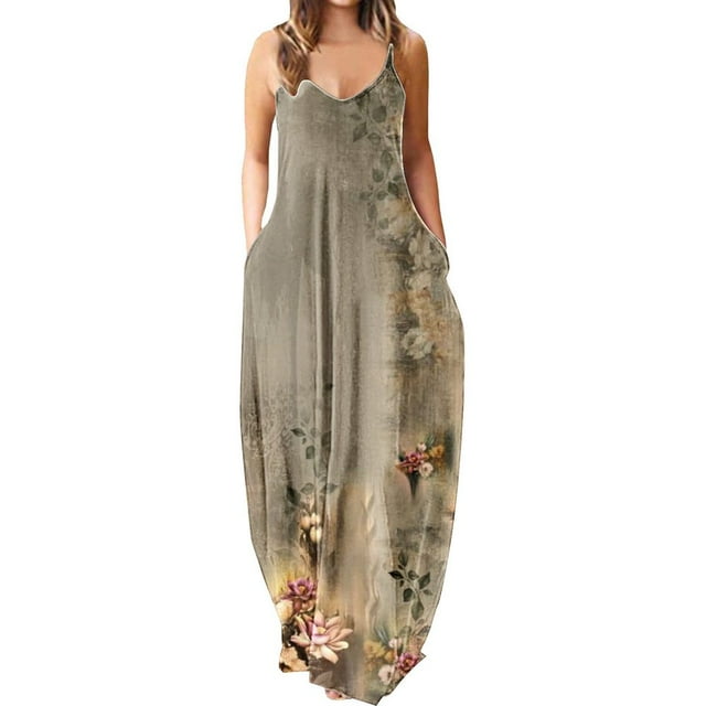 Maxi Robes d'Été Bretelles Spaghetti Robe Grande Taille Décontractée Plage Boho Robe de Soleil avec Poches