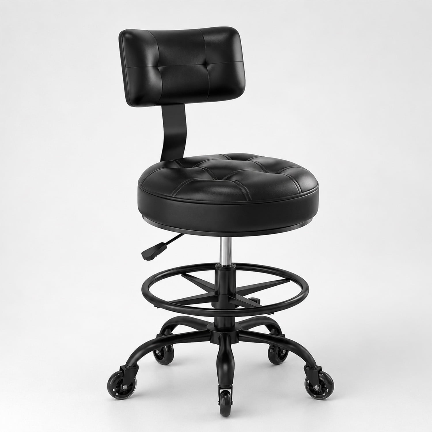 Office Drafting Chair with Footrest, Tall Height Adjustable Stool with Back Support, Heavy Duty Rolling Stool Chair with Wheels for Office Home Kitchen Bar Shop Guitar Studio Vanity, Black
