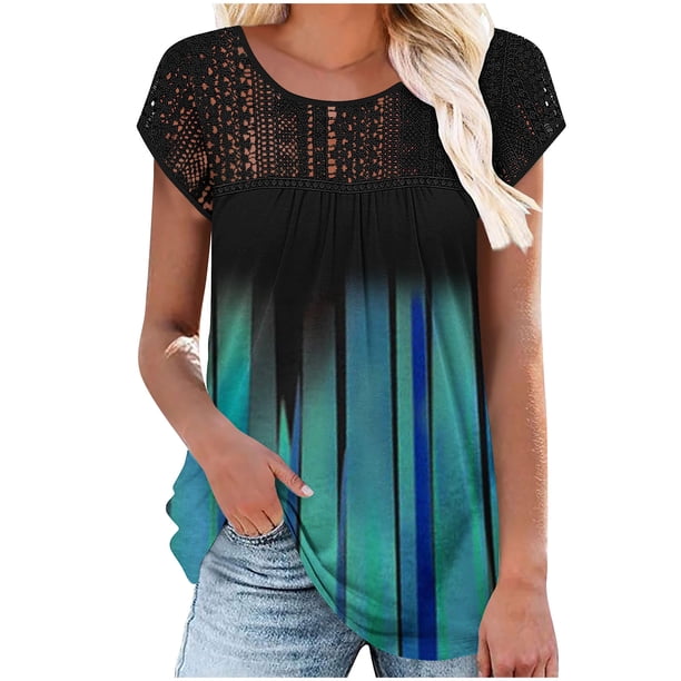 Fiudx Ofertas Flash Del Día Solo En Línea Top/Camisa Ajustada de Manga Corta con Cuello Redondo y Malla de Encaje con Estampado Degradado para Mujer