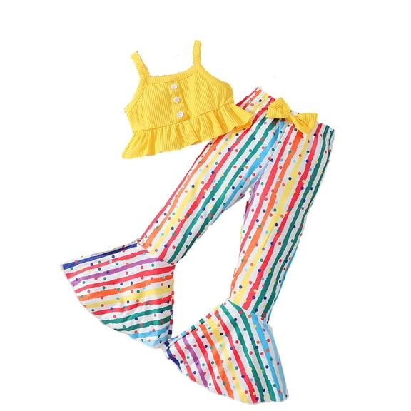 MXIEZI Girl Summer 2PCS Outfit Toddler Baby Sleeveless Halter Crop Top Printed Flare Pants Set for Kids 2-7T