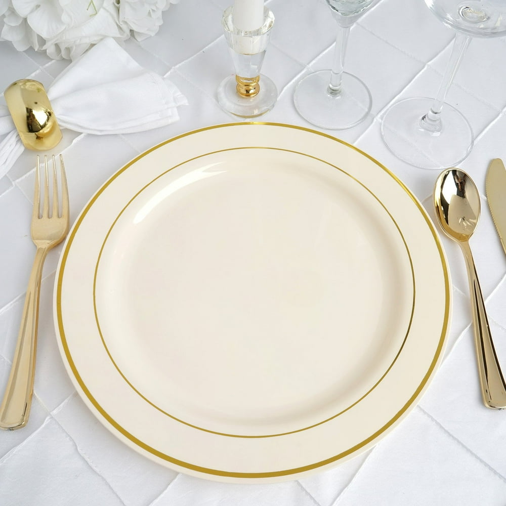 Efavormart 50 Pcs Ivory with Gold 10.25" Round Disposable Plastic
