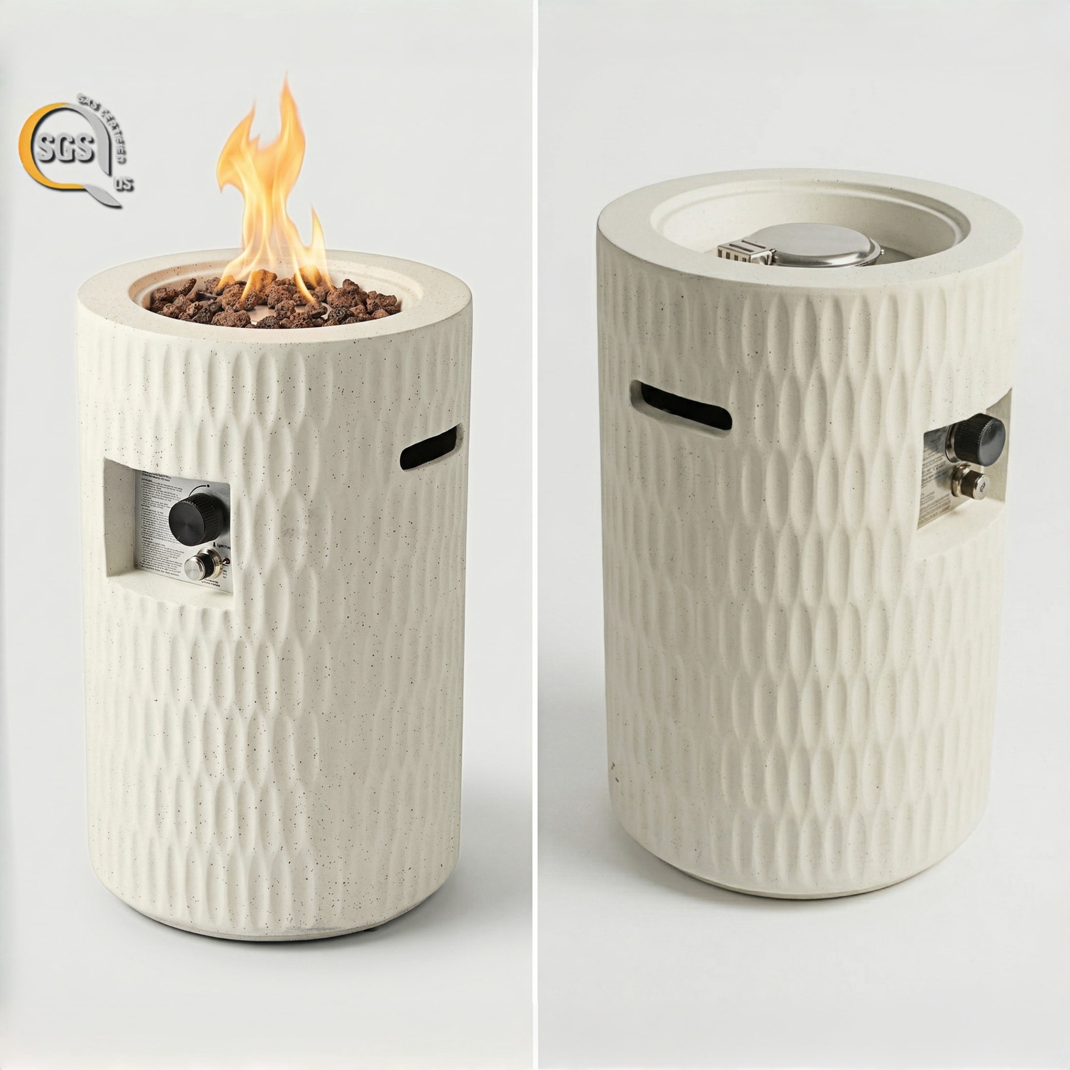 Atumcto 40,000 BTU Propane Fire Pit Column, 16.5" Round Concrete Outdoor Fire Pit with Lava Rocks and Cover for Patio, Backyard, Beige